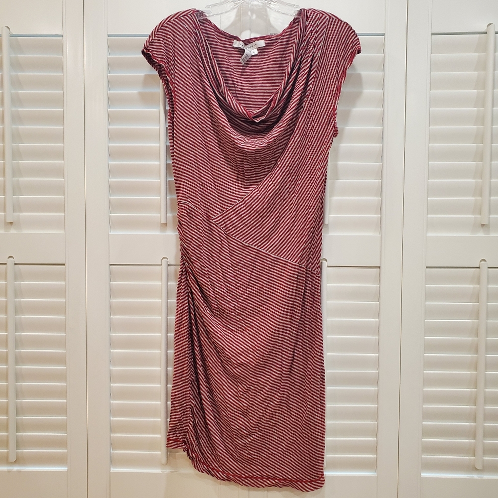 Max Studio Soft Gathered Cover Up Mini Dress Short Sleeve Red Grey Striped sz L